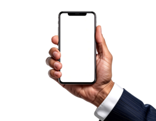A close-up shot of a person's hand holding a smartphone with a blank white screen against a white background.