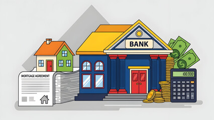 a bank building featuring mortgage loan agreement documents small residential house gold currency coins and calculator symbol for banking financial planning concept