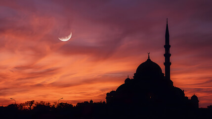 Silhouette of Mosque with Crescent Moon at Sunset Sky