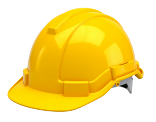 A bright yellow plastic hard hat, a safety helmet used in construction and industrial settings, isolated on a white background.