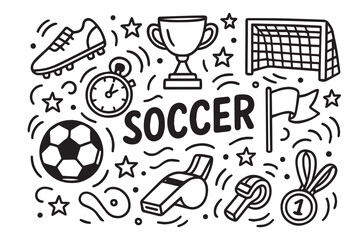 Funny doodle vector background pattern with a soccer theme, showcasing cute football illustrations, dynamic sketches, and repeating elements that bring fun, action, and lively sports vibes. © primus