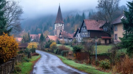 Obraz premium Misty Autumn Village Scene