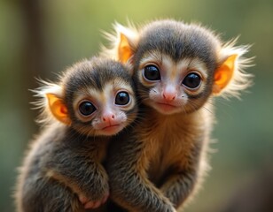 Obraz premium Two pygmy marmoset babies cuddle closely together. Small primates gaze with large dark eyes. Cute jungle animals appear curious in natural habitat.