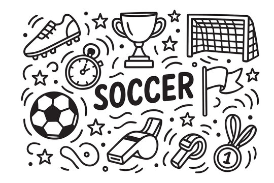 Funny doodle vector background pattern with a soccer theme, showcasing cute football illustrations, dynamic sketches, and repeating elements that bring fun, action, and lively sports vibes.