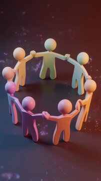 3D stylized animation of abstract figures forming a circle and linking hands, symbolizing un