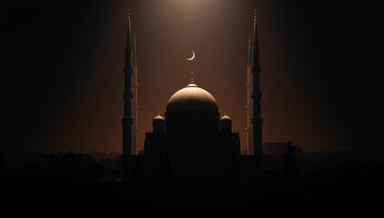 Premium mosque silhouette with tall minarets and crescent moon on dark studio backdrop, terracotta-copper highlights, cinematic shadows, minimalist fine-art mood, wide copy space for luxury branding.