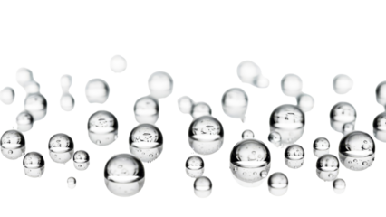 A close-up view of numerous small, transparent, spherical bubbles floating isolated on transparent background, png