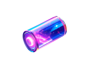 Cylindrical battery with vibrant glow, reflecting a nebula-like interior