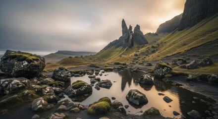 Jagged rock pinnacles dominate a rugged highland landscape reflecting in a foreground pool