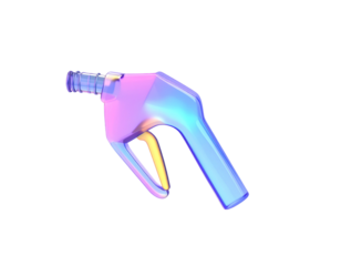 A stylized, iridescent fuel nozzle against a stark, black background