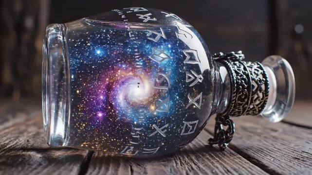 Enchanted ornate glass potion bottle filled with magical luminescent liquid mystical fantasy alchemy vessel sitting on rustic wooden surface inside a dimly lit wizardly laboratory chamber.