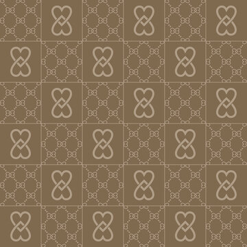 Seamless black and white geometric pattern with heart-shaped monogram motifs, luxury ornamental repeat background for fashion, textile, wallpaper and surface design.
