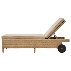 Wicker sun lounger with wheels, outdoor chaise lounge on transparent background