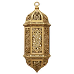 Golden Islamic decorative tall lantern with ornate patterns on transparent background