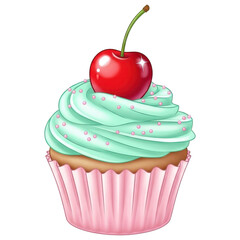 Sweet pastel cupcake with mint frosting and cherry on transparent background