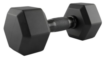 A single black hexagonal rubber-coated dumbbell with a knurled handle, used for strength training. isolated on transparent background, png