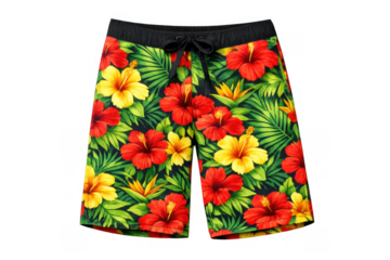 Swim shorts with tropical floral print, featuring red and yellow hibiscus flowers and green palm leaves on a dark background
