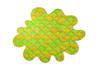 highly detailed abstract art deco scallop pattern with a vibrant lime green to yellow gradient and shimmering metallic gold lines, isolated on a transparent background, luxurious high-fashion