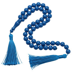 Blue islamic prayer beads with glossy texture and decorative tassels on transparent background