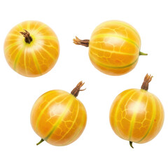 Yellow gooseberries, four fruits scattered loosely from a dynamic top-down angle on transparent background