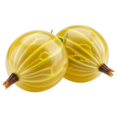 Two ripe yellow gooseberries slightly overlapping, angled view on transparent background