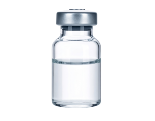 A clear glass medical vial filled with a transparent liquid, sealed with a silver cap, isolated on transparent background, png