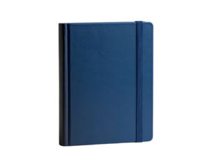 A dark blue hardcover notebook with an elastic band closure, standing upright. isolated on transparent background, png