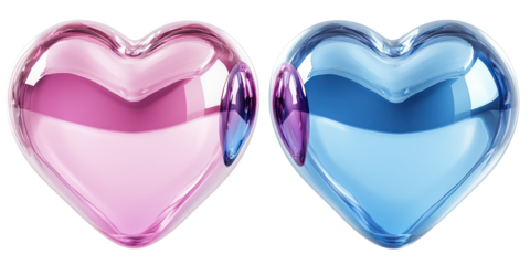 Romantic valentine's hearts, shiny glass hearts, love symbols, isolated on transparent background
