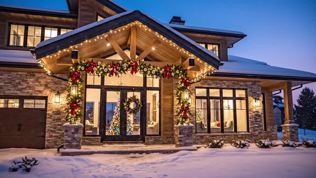 Cinematic evening view of a modern two-story residential house exterior adorned with festive Christmas decorations and glowing holiday illumination during a peaceful winter twilight scene.