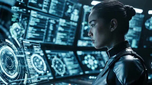 Futuristic female operator interacting with holographic interface in a tech lab