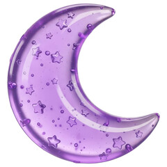 Cute pastel 3D crescent moon icon with stars and jelly texture on transparent background
