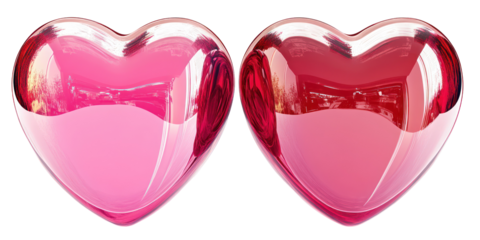 Shiny pink hearts, valentine's day, romantic symbols, reflective surfaces, love icons, isolated on transparent background