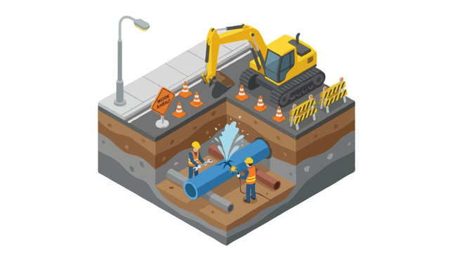 Isometric vector illustration of an underground utility repair scene