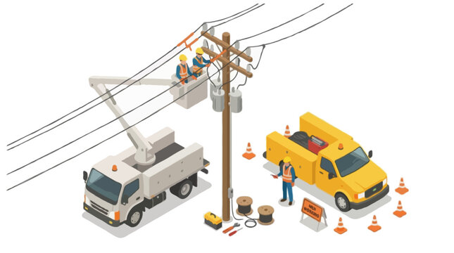 Isometric vector illustration of electrical utility maintenance