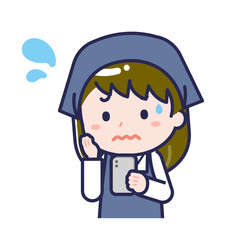 スマートフォンを使う「スタッフ」の女性