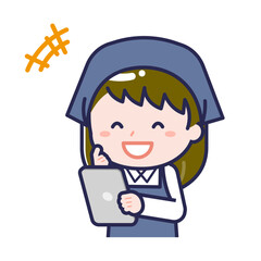 タブレットを使う「スタッフ」の女性