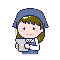 タブレットを使う「スタッフ」の女性