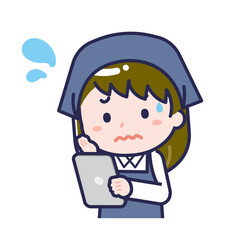 タブレットを使う「スタッフ」の女性