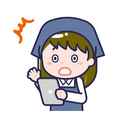 タブレットを使う「スタッフ」の女性