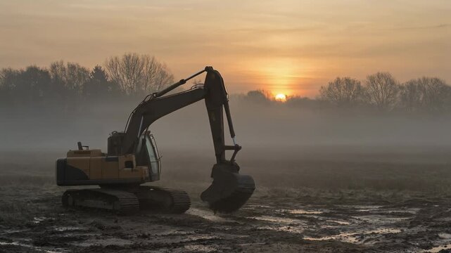Excavator at Sunrise in Misty Landscape, Heavy Machinery in Nature