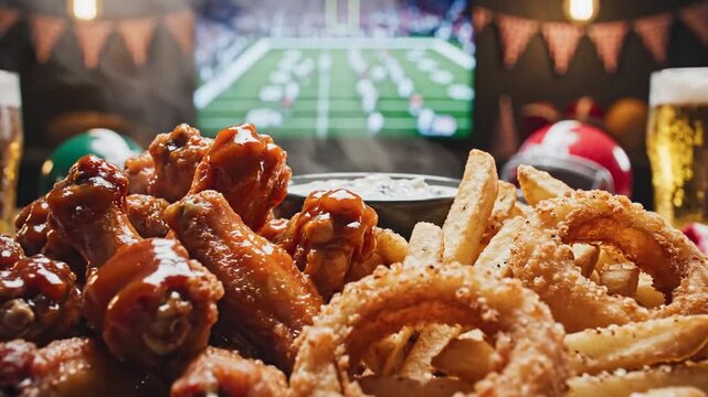 Slow motion cinematic shot of crispy fried chicken wings golden potato fries and crunchy onion rings served on a dark wooden table for a football match game day snack party.