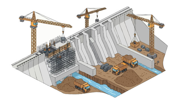 Isometric vector illustration of a hydroelectric dam construction site