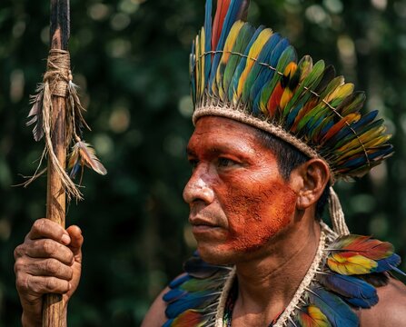 Hyper-Realistic Portrait of Indigenous Man with Traditional Red Face Paint. Native Amazon People Concept
