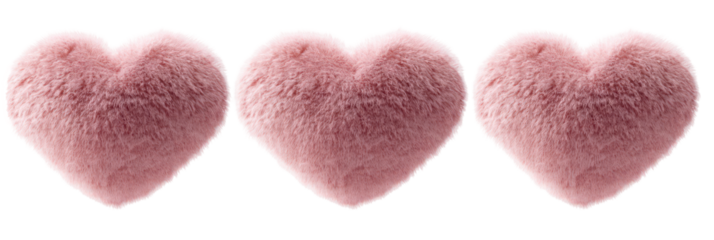 Three soft pink hearts valentine's day decoration, romantic love symbols, fluffy heart shapes on transparent background