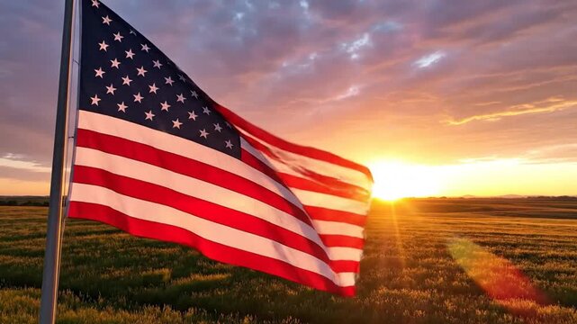 Cinematic footage of the American national flag waving proudly during a golden sunrise over a vast open rural plain under a vibrant colorful morning sky in high resolution