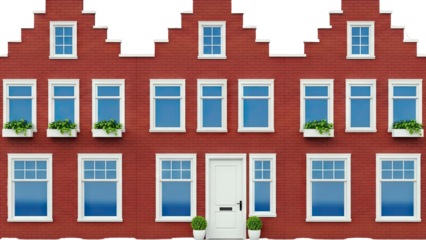 Red Brick Building Facade with White Windows and Greenery