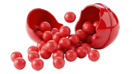 Red pill with a hole in it and a pile of red balls on the ground. isolated illustration on transparent background