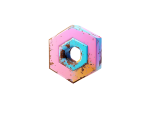 Hexagonal 3D object with colorful hues and rust against black background
