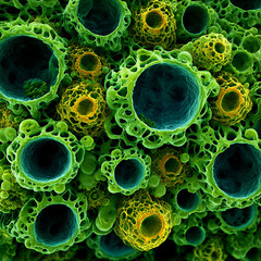 Cyan lichen micro ecosystem, glowing blue-green biological texture, microscopic view, abstract scientific composition, clean background, soft illumination, ultra detailed macro