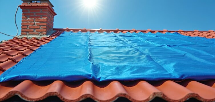Blue tarp covers red roof tiles under sunny sky. Chimney visible. House exterior under repair or protection. Building material safeguarding.